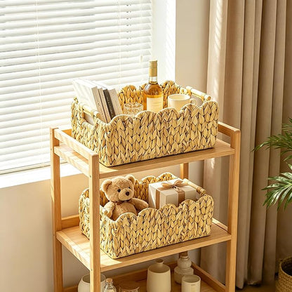 2Pack Scalloped Edge Wicker Basket,Hand-Woven Rattan Baskets with Wooden Handles,Natural Water Hyacinth Basket for Laundry,Shelves,Decorative Basket