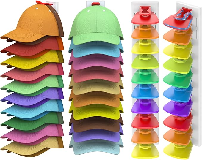 Volnamal Hat Organizer for Baseball Caps, 2 Pack Hold Up to 40 Hats, Hat Rack for Wall Space Saving, Hat Hanger w/Strong Adhesive Hat Storage Holder Display for Closet Door and Wall(White& Color)