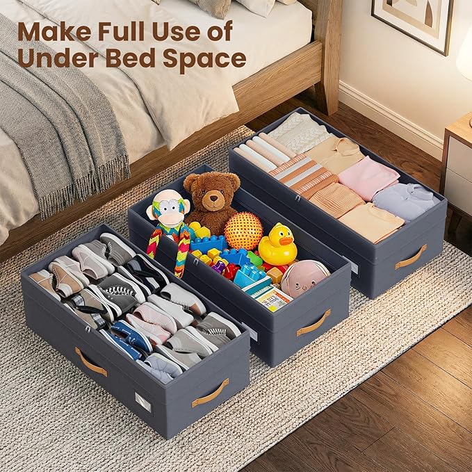 Budding Joy Under Bed Storage with Wheels 2Pack, 80L Height Adjustable Underbed Containers with Clear Lids, Rolling Under Bed Shoe Storage Organizer for Dorm Home Clothes, Blankets, Toys, Grey