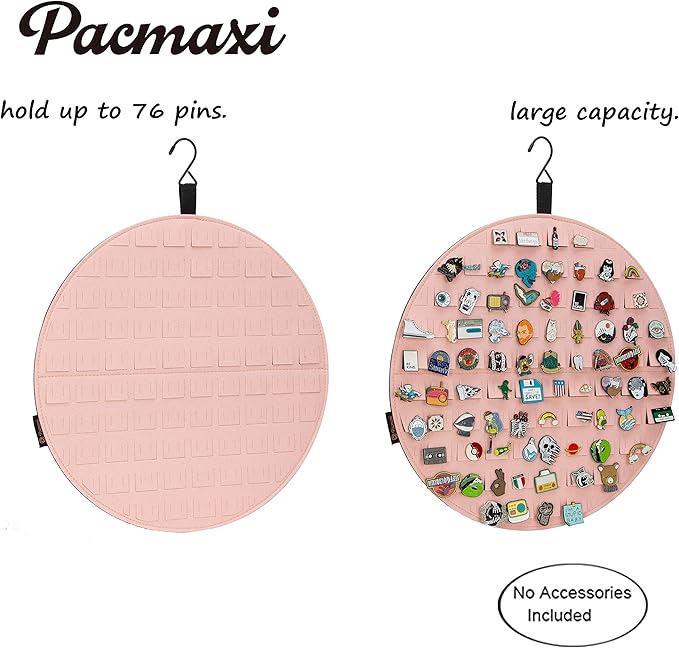 PACMAXI Hanging Brooch Pin Display Holder, Wall Pin Collection Storage Organizer, Cute Pin Banner Case Hold Up to 76 Pins.(Pins not Included) (Pink)