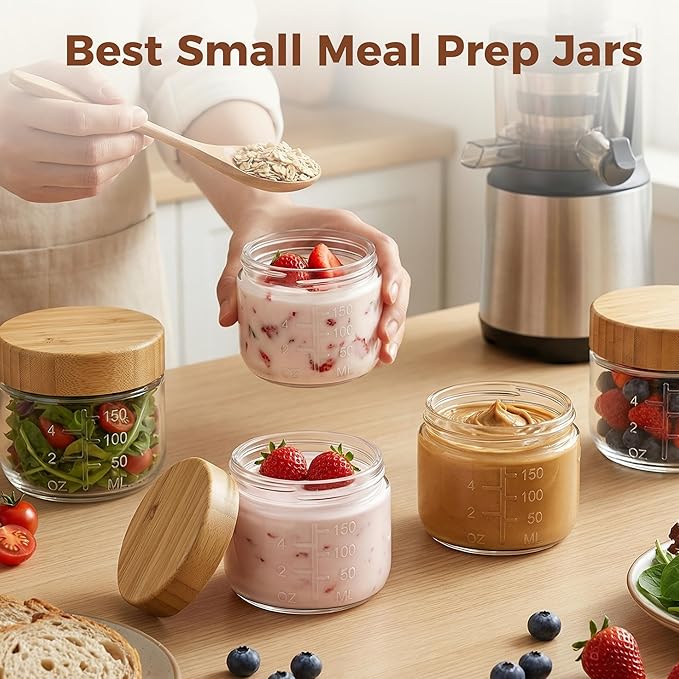 6oz Glass Jars with Airtight Lids - 4 Pack Overnight Oats Containers with Bamboo Lids, Small Food Containers with Measurement for Yogurt, Salad, Chia, Wide Mouth Mason Jar with Lid for Food Storage