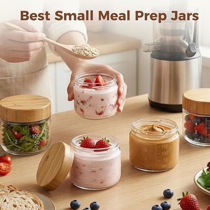 6oz Glass Jars with Airtight Lids - 4 Pack Overnight Oats Containers with Bamboo Lids, Small Food Containers with Measurement for Yogurt, Salad, Chia, Wide Mouth Mason Jar with Lid for Food Storage