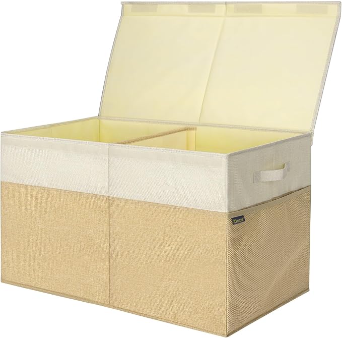 BALEINE Fabric Storage Bins with Lid, Collapsible Extra Large Storage Boxes Bins Baskets with Divider for Home Organizing (25"x13"x16", Khaki&Beige)
