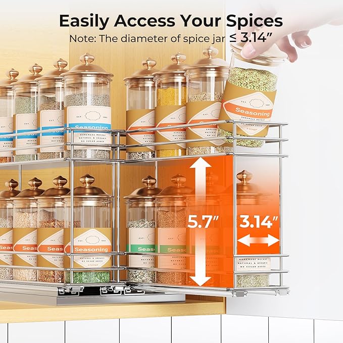 Mystozer Pull Out Spice Rack Organizer for Cabinet, Slide Out Spice Racks, Easy to Install, 7.08" Wx10.43 Dx8.26 H, 2 Drawers 2 Tiers(Silver)