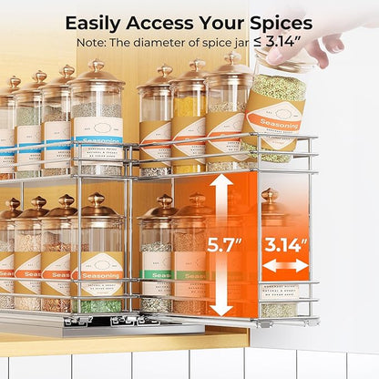 Mystozer Pull Out Spice Rack Organizer for Cabinet, Slide Out Spice Racks, Easy to Install, 7.08" Wx10.43 Dx8.26 H, 2 Drawers 2 Tiers(Silver)