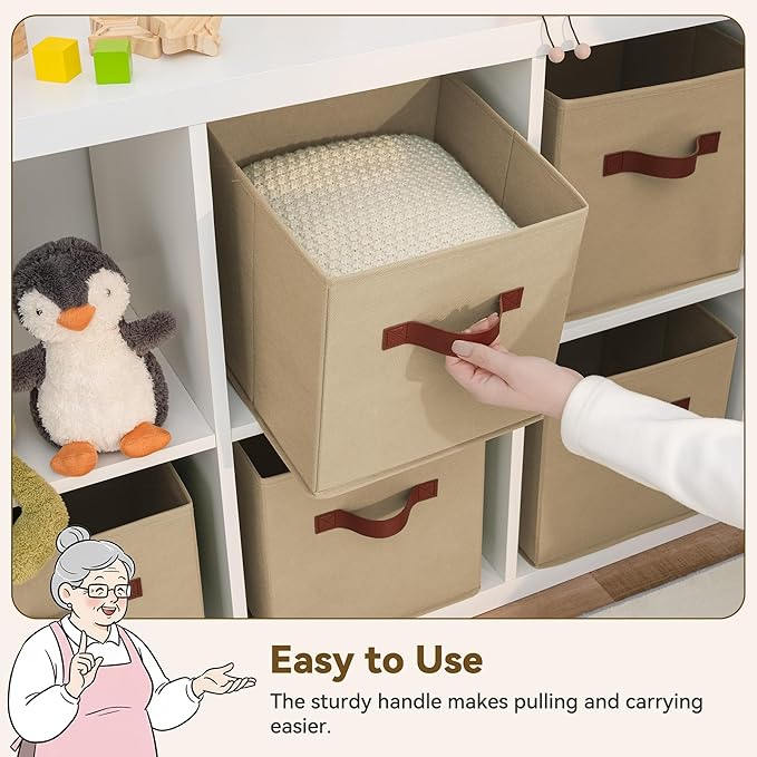 GRANNY SAYS Cube Storage Bins, 11 Inch Cube Storage Organizer with PU Handle, Khaki, Foldable Clothing Organizer Bins, Storage Baskets for Shelves, Closet, 6-Pack