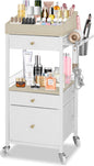 Makeup Organizer Cart with 3 Drawers, Large Cosmetic Organizer with Detachable Hair Tool Holder, Makeup Cabinet Cosmetic Display Cases for Skin Care Perfume Nail Polish, White & Natural