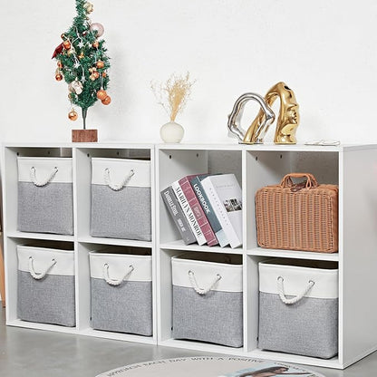MidmmVick 12 x 12 Inch Cube Storage Bins, 6 Pack Large Collapsible Fabric Storage Bin with Ropes, Foldable Storage Cubes for Home, Office,Closet, Clothes, Toys Organizer (White & Grey)