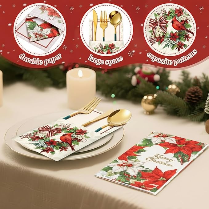 Harloon 80 Pcs Christmas Silverware Holder Napkin Set 60pcs Christmas Napkins 20pcs Xmas Paper Utensil Cutlery Holders Knife Fork Pocket Bags for Holiday Xmas Table Decorations Party Favor Supplies