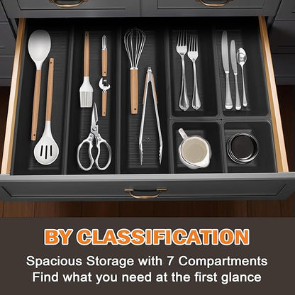 JEHONN Silverware Organizer, Utensil Drawer Tray for Kitchen Flatware Cutlery, Large Adjustable Plastic Storage Divider with 7 Compartment for Spoons Forks Knives (Black)