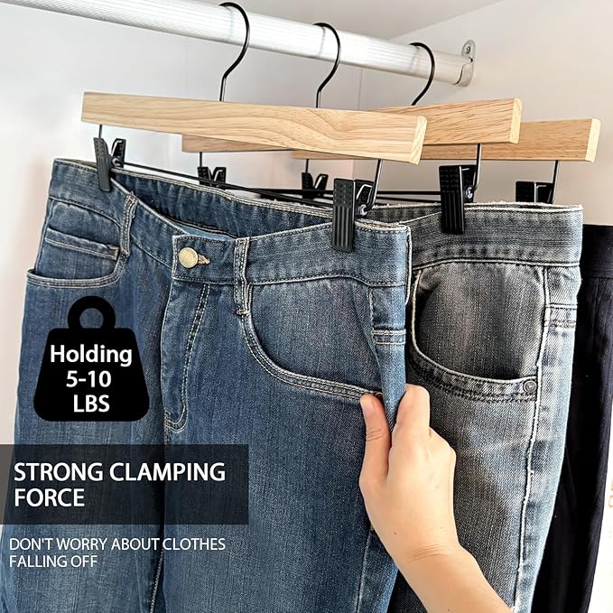 Nature Smile Deluxe Wooden Pants Hangers,Solid Rubber Wood Jeans Skirt Hanger with Blacak Hook Pack of 20(Natural Varnished)