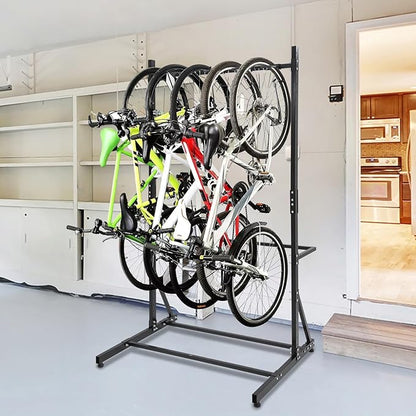 Freestanding Bike Rack for 5 Bicycles, Heavy Duty Vertical Bike Storage Stand with Adjustable Height, 300 Lbs Capacity, Steel Organizer with Non-Slip Hooks, Easy Assembly for Garage, Apartment, Indoor