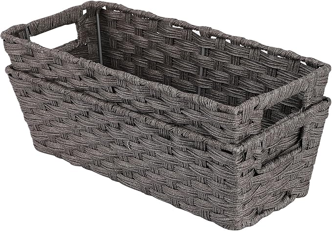 Onlytak Plastic Wicker Storage Baskets - Toilet Tank & Bathroom Baskets, Woven for Organizing & Decor, Dark Grey, 15¾" x 6¾" x 4¾", 2-Pack