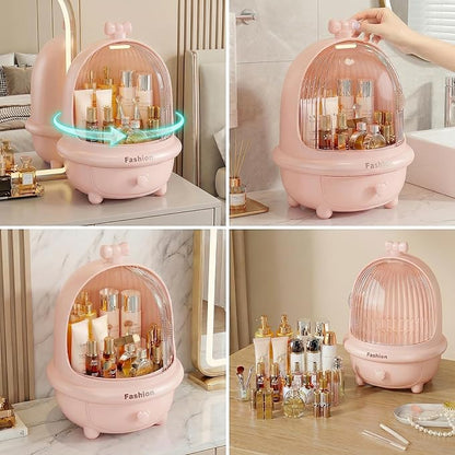 360° Rotating Cosmetic Storage Box,Cute Fashion Makeup Organizer with Drawer,Dustproof Skincare Display Case for Vanity Countertop Bathroom,Ideal Gift for Women（pink）