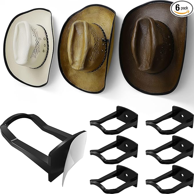 Modern JP Adhesive Cowboy Hat Hooks for Wall (6-Pack) – 3-Inch Wall Mount for Secure Hold, Wide Brim Hat Organizer, Western Room Decor – Black