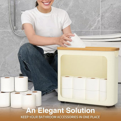 Toilet Paper Storage with Bamboo Lid,Foldable Basket Organizer for Bathroom, Holds 9 Mega/12 Regular Rolls, Waterproof Toilet Paper Holder Storage with Non-Slip Base,Beige