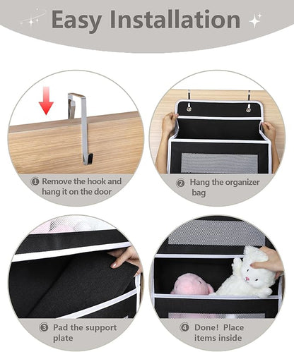 Over The Door Organizer, Reinforced Composite Fabric with Reinforced Stitching and Anti-Sag Structure, 44LB Capacity, 5 Large Pockets & 10 Mesh Pockets for Bathroom, Nursery & Laundry Room (Black)