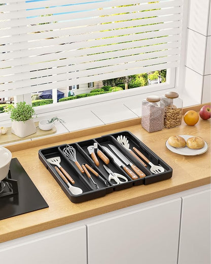 Aujen Silverware Organizer - Expandable Kitchen Drawer Organizer, Adjustable Utensil Organizer, Cutlery Tray for Forks, Knives, Multipurpose Kitchen Organizers and Storage Solution, Black, X-Large