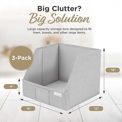 VIVIDECOR Open Front Trapezoid Closet Bins 12x12x10 – Easy Access Shelf Organizer, Fabric Storage Baskets for Clothes, Linen, Sweaters – Light Gray, 3 Pack
