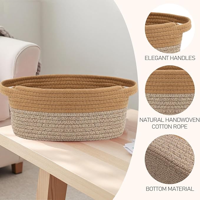JMvicyroam Woven Basket,Small Rope Storage Bin with Handles & Ribbon Bag, Organizer for Shelves Closets,Gift Basket Empty for Birthday,Books,Dog Toys, Jute&Brown/3 Pack