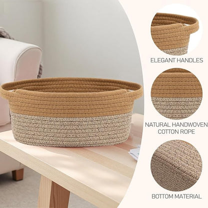 JMvicyroam Woven Basket,Small Rope Storage Bin with Handles & Ribbon Bag, Organizer for Shelves Closets,Gift Basket Empty for Birthday,Books,Dog Toys, Jute&Brown/3 Pack