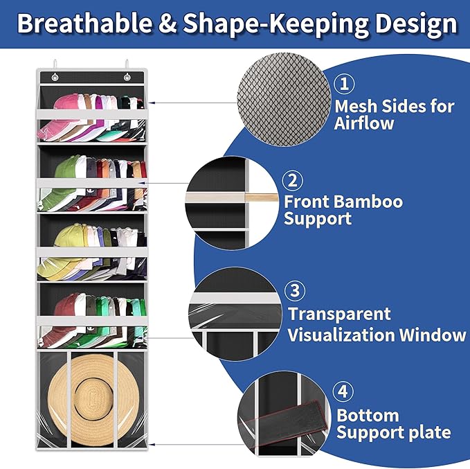 KYEVIS Over The Door Hat Organizer for Baseball Caps - Holds up 60 Hat Rack with Extra Large Row for Cowboy, Hat Storage for Closet, Bedroom, Cabinet, Space Saving Hanging Holder, Scarves, Accessories