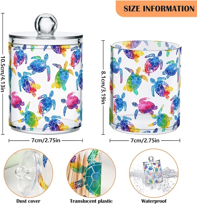 ALAZA 4pcs Multicolor Watercolor Sea Turtle Qtip Holder Dispenser 14 oz Bathroom Storage Clear Apothecary Jars Containers Cotton Ball,Cotton Rounds,Floss Picks, Hair Clips, Food