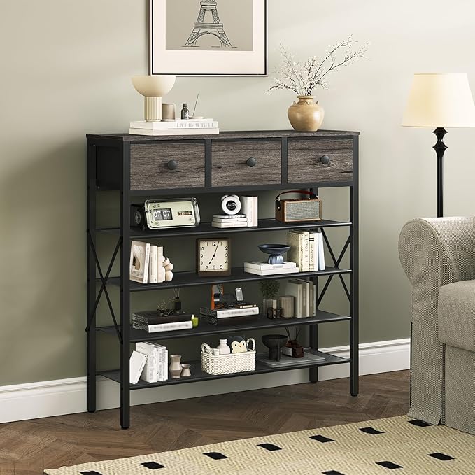 YATINEY 5-Tier Shoe Rack with 3 Drawers, Metal Shoe Organizer for 20 Pairs with Storage Shelves and Wooden Top, for Entryway, Hallway, Foyer, Closet, Charcoal and Black SS35BC