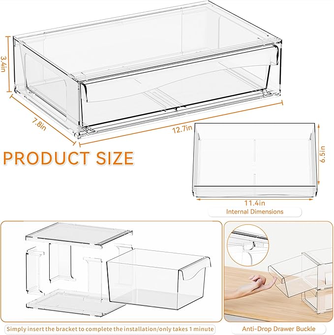 Yieach 12"W Clear Stackable Storage Drawers,3 Pack Pull Out Acrylic Drawers Organizer for Desk,Vanity,Bathroom,Plastic Office Supply Organizers And Storage Bins for Pen,Pencil,Craft,Sunglass,Medicine