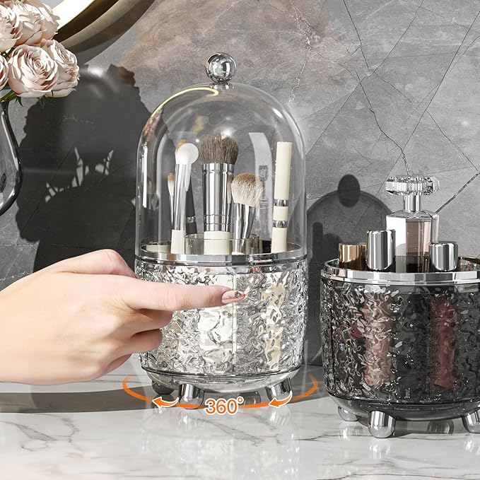 Makeup Brush Holder with Lid, 360° Rotating Cosmetic Tools Organizer with Cover, Dustproof Spinning Makeup Brush Organizer for Vanity, Ideal Gift for Girlfriend Wife Friends (Clear)