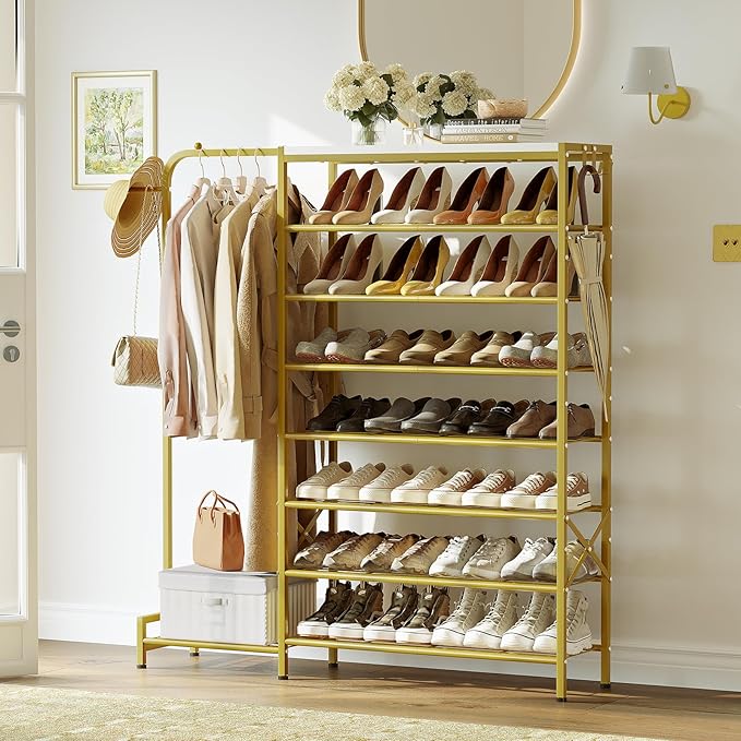 Shoe Rack with Coat Rack, 8 Tier Tall Shoe Storage Organizer with Hooks, 3-in-1, Wooden Top Shelf, Sturdy Frame, Metal Clothes Hanger Stand for Entryway, Closet, Gold