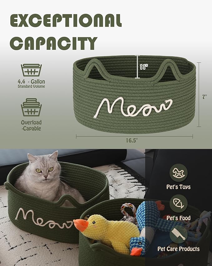 Sea Team Cat Toy Basket with Handles, 16.5 x 11 x 7 Inches, 4.4 Gallons Large Cotton Rope Storage Bin, Box, Shelf Organizer for Pet Chew Toys, Foods, Green Meow