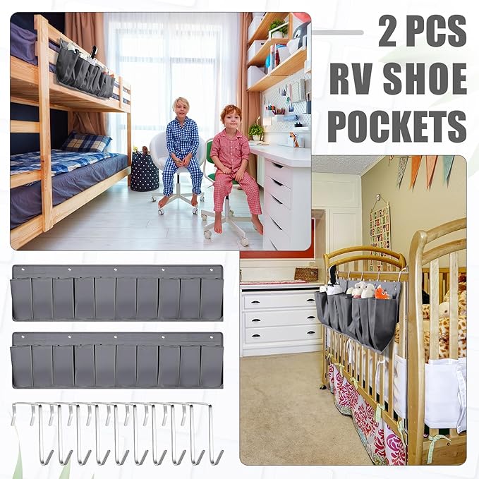 Berlune 2 Pcs RV Shoe Storage Pockets Bed 44.1 Inches Hanging RV Organizer with 10 Sturdy Hooks for Shoes Toys Tools Accessories(Gray)