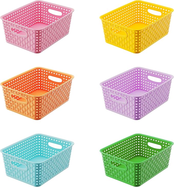 6-Pack Colorful Small Plastic Storage Weave Baskets, Versatile Shelf Organizer Woven Baskets for Classrooms, Children's Rooms & Pantries, 10x7.5x4 inch