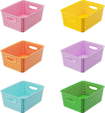 6-Pack Colorful Small Plastic Storage Weave Baskets, Versatile Shelf Organizer Woven Baskets for Classrooms, Children's Rooms & Pantries, 10x7.5x4 inch