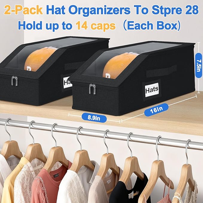 Dofilachy 2-PCS Large Capacity, Stackable Hat Storage For Baseball Caps– Holds up to 28 Caps, Dust-Proof Storage Box with a Fully Transparent Lid – Ideal for Closet & Wardrobe, Black