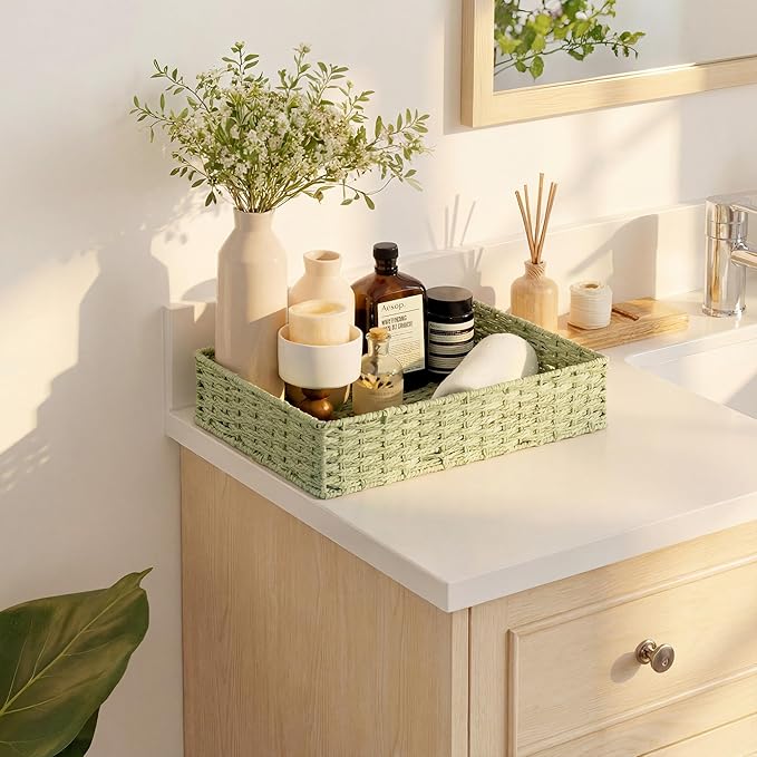 StorageWorks Bathroom Vanity Tray for Countertop, Bathroom Counter Tray for Decorative, Toilet Paper Baskets, Green, Larger, 2 Pack