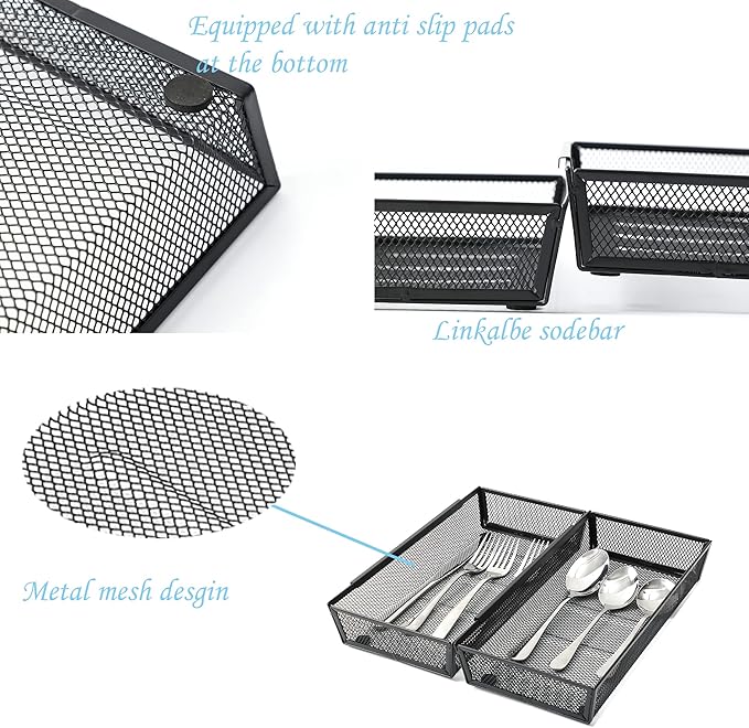 Silverware Organizer ，Mesh Cutlery silverware Tray for Drawer，Tool tray organizer,Utensil Flatware Tableware Organizer for Kitchen,Office,with Non-slip,Fits Standard Drawer,(6x12 IN) 4PSC,Black
