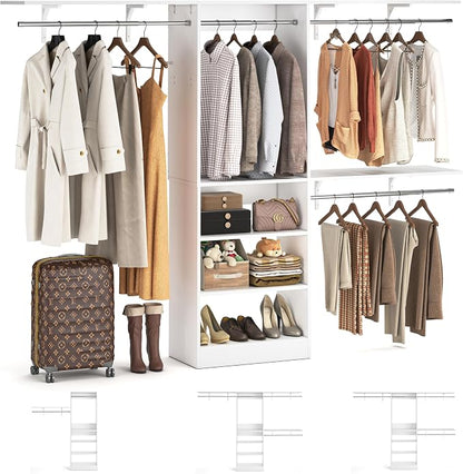 iSunirm 8FT Closet System with Shelves, 96'' Closet Organizer System with 3 Hanging Rods, Wall Mount Bedroom Wardrobe Walk-in Closet, Adjustable Cloth Garment Rack from 5 to 8FT (Cut to Fit), White