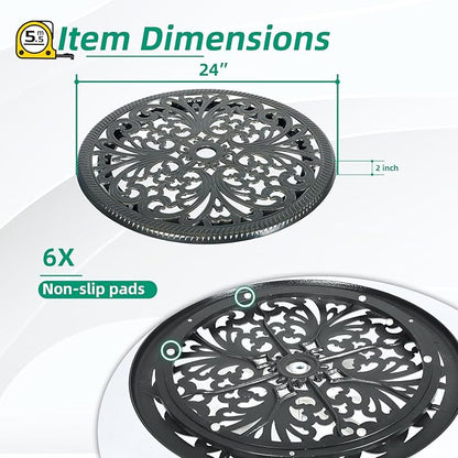 VIVIJASON 24" Cast Aluminum Lazy Susan Turntable, 360° Rotating Display Tray with Silent Bearings, Round Table Top Swivel Serving Plate with Umbrella Hole for Outdoor Dining Table, Floral Style