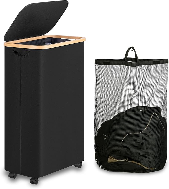 iEGrow 75L Slim Laundry Hamper with Wheels,Clothes Hamper for Laundry,Laundry Basket with Lid & Inner Bag,for Laundry Room, Bedroom, Dormitory Organization,Black