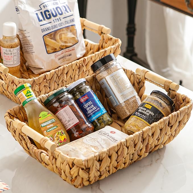 Mowtanco Woven Storage Baskets – Set of 2 Handwoven Water Hyacinth Wicker Baskets with Wooden Handles for Organizing, Decorative Baskets for Laundry Room, Home Decor - 2 Medium
