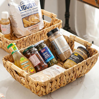 Mowtanco Woven Storage Baskets – Set of 2 Handwoven Water Hyacinth Wicker Baskets with Wooden Handles for Organizing, Decorative Baskets for Laundry Room, Home Decor - 2 Medium