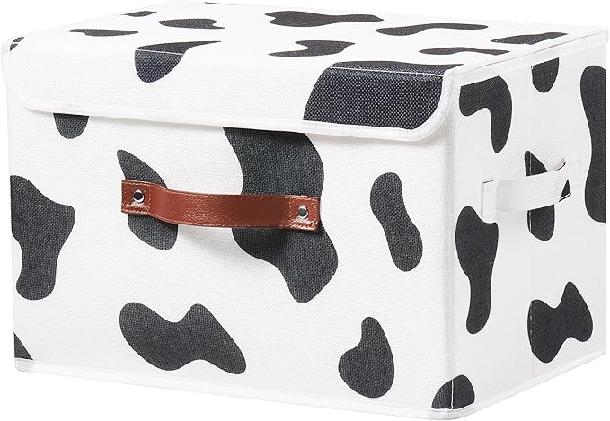 Storage Bin with Lid Cow Print Cute Fabric Storage Basket Box with Faux Leather Handles PP Plastic Board Foldable Washable Lidded Cotton Linen Closet Shelf Organizer Container (Large Size)