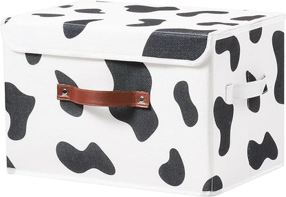 Storage Bin with Lid Cow Print Cute Fabric Storage Basket Box with Faux Leather Handles PP Plastic Board Foldable Washable Lidded Cotton Linen Closet Shelf Organizer Container (Large Size)