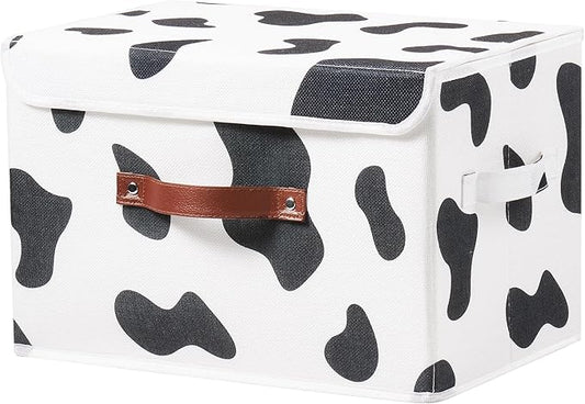 Storage Bin with Lid Cow Print Cute Fabric Storage Basket Box with Faux Leather Handles PP Plastic Board Foldable Washable Lidded Cotton Linen Closet Shelf Organizer Container (Large Size)
