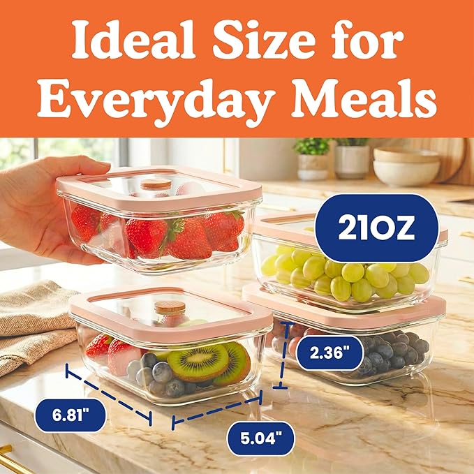 Ziruma Non-Toxic 2.6 Cup Glass Food Storage Containers With Lids - Soup Containers with Lids, Plastic Free Meal Prep, Airtight Food Container, Microwave and Freezer Safe, 4 Pack