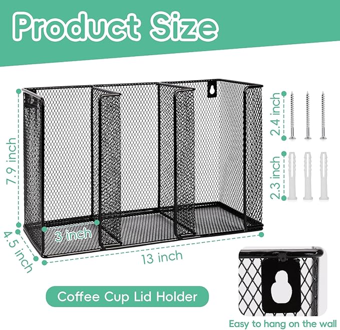 Wall Mount Coffee Cup Lid Holder Organizer 3 Compartments Coffee Cup Lid Dispenser Black Metal Mesh Disposable Cup and Lid Storage for 8-24 Oz Capacity Cup Lid Kitchen Restaurant Coffee Bar Office