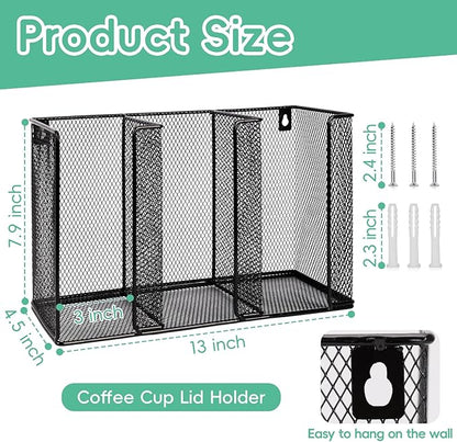 Wall Mount Coffee Cup Lid Holder Organizer 3 Compartments Coffee Cup Lid Dispenser Black Metal Mesh Disposable Cup and Lid Storage for 8-24 Oz Capacity Cup Lid Kitchen Restaurant Coffee Bar Office
