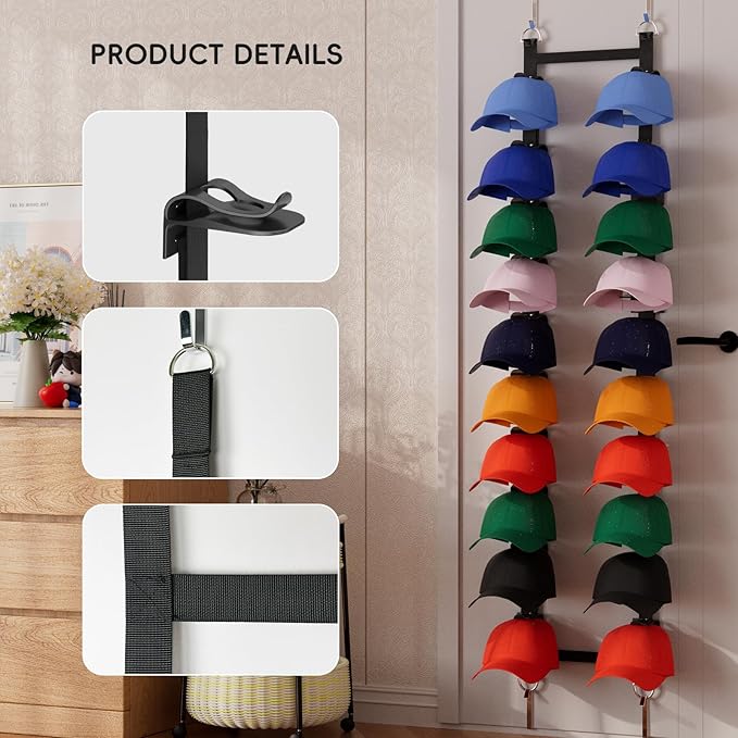 Hat Organizer for Baseball Caps, Hat Rack For Door,2-Straps Holds up to 40 Caps, Over the Door Organizer for Closet, Bedroom, Entrance Doors (Black)
